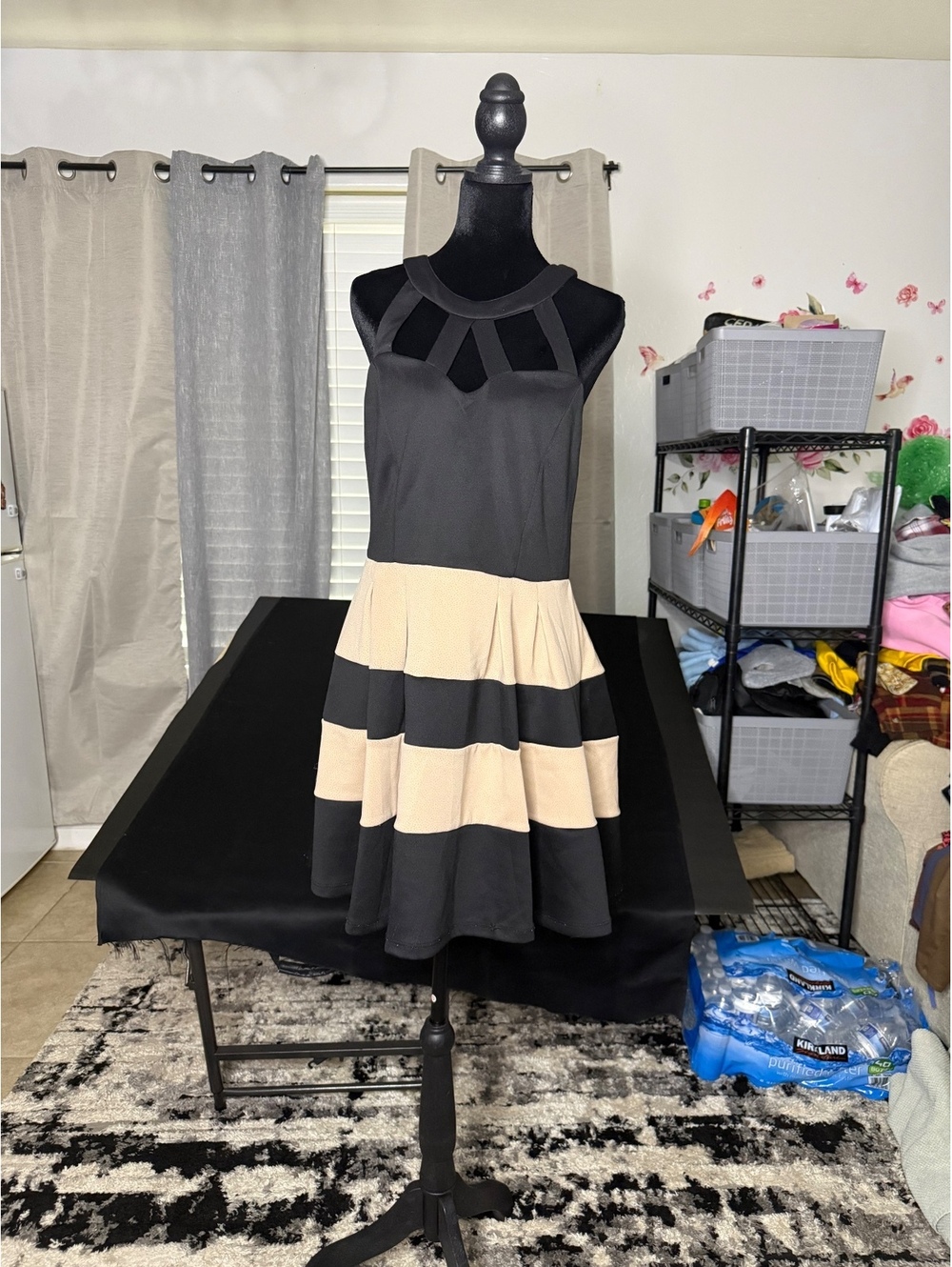 Black and Beige Sleeveless Fit and Flare Dress with Cutout